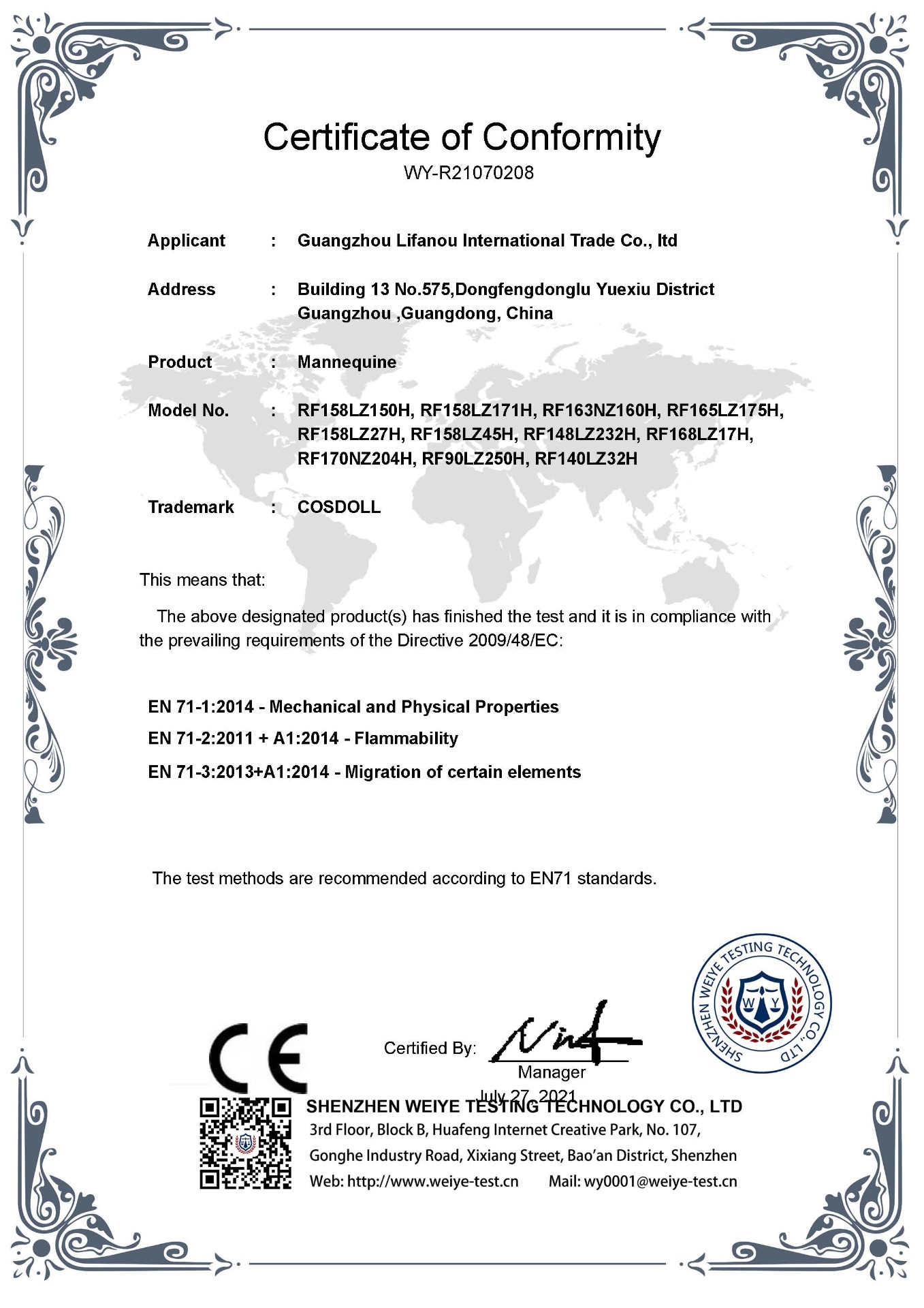 CE Certificate of Conformity